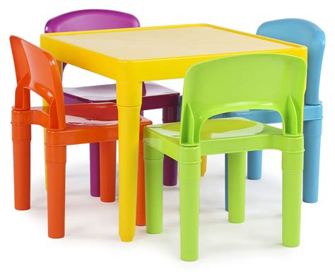 Kids need a place to sit, too! Tot Tutors Kids Plastic Table and 4 Chairs Set, Vibrant Colors