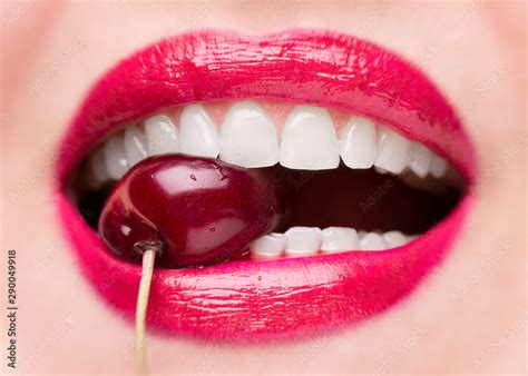 The Girl Bites A Ripe Cherry Cherry In Mouth Close Up Red Lipstick On Lips And A Cherry With