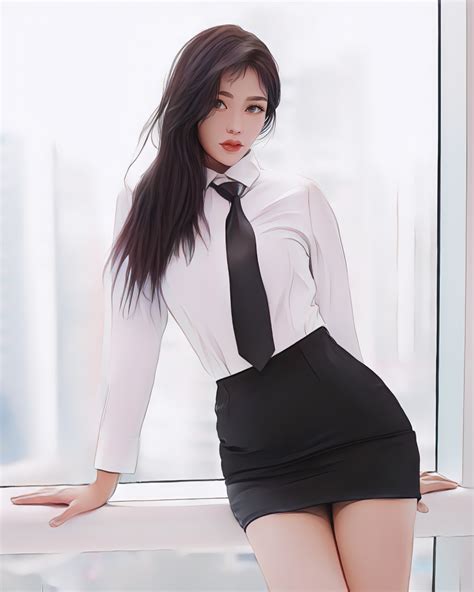 model curvy asian office girl looking at viewer skirt portrait display tie ai art