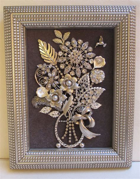 Jeweled Framed Jewelry Art Flower Bouquet Gray Silver Vintage Etsy