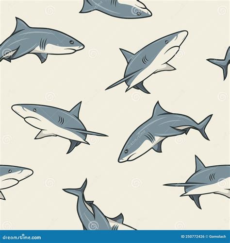 Vector Seamless Pattern With Cartoon Sharks Seamless Texture With Hand