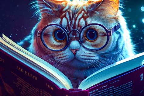 Intelligent Cat In Glasses Reading A Book Ai Illustration Stock