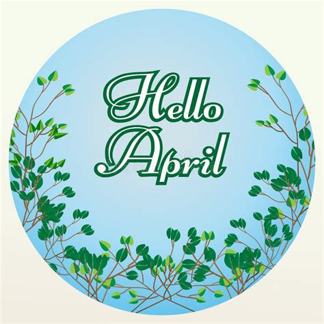 Hello April Lettering On Blue Background With Tree Branches Stock