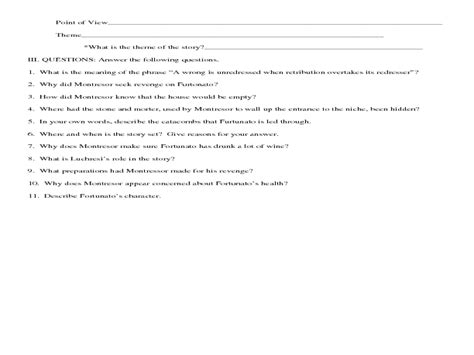 But then i learned that he had laughed at my proud name Study Guide: "The Cask of Amontillado" Worksheet for 7th ...