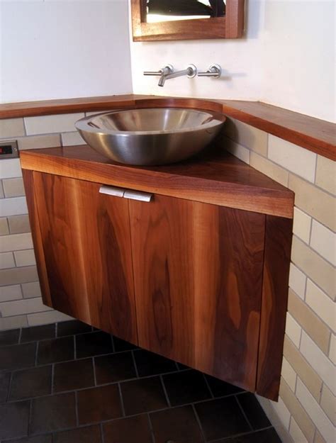 Awesome Brown Wood Corner Bathroom Vanity With Silver Vessel Sink And