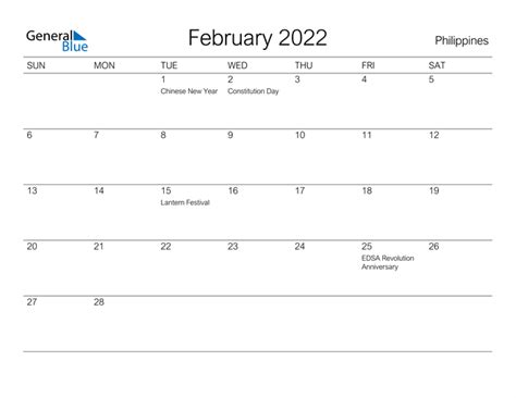 Philippines February 2022 Calendar With Holidays