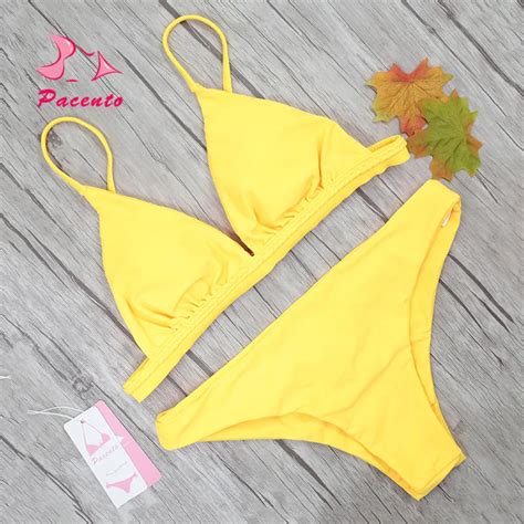 Pacento New Sexy Solid Yellow Bikini Sling Swimsuits For Women Two Piece Bathing Suits Swimwear