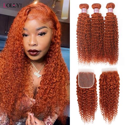Ginger Orange Bundles With Closure Curly Hair Bundles With Transparent Lace Closure Curly Deep