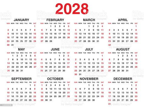 Vetores De Ilustração Vetorial Do Ano Do Calendário 2028 Conjunto Do