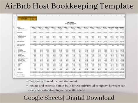 Airbnb Rental Income Statement Google Sheets Spreadsheet Track Monthly And Annual Income And