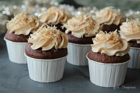filled german chocolate cupcakes with caramel buttercream girl inspired