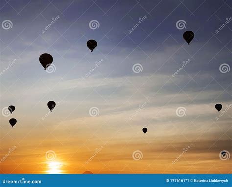 Beautiful Sunrise And Balloons In Sky Stock Image Image Of Small