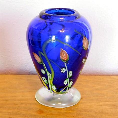 Vintage Murano Style Millefiori Cobalt Blue Art Glass Vase Stretched Cane Glass Tulips Very