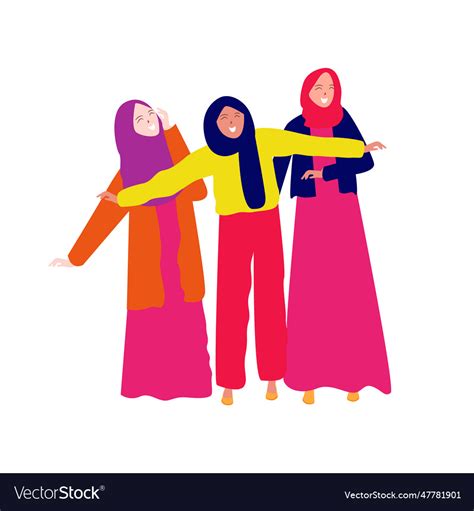 Three Muslim Girls Wearing Hijab Together Vector Image