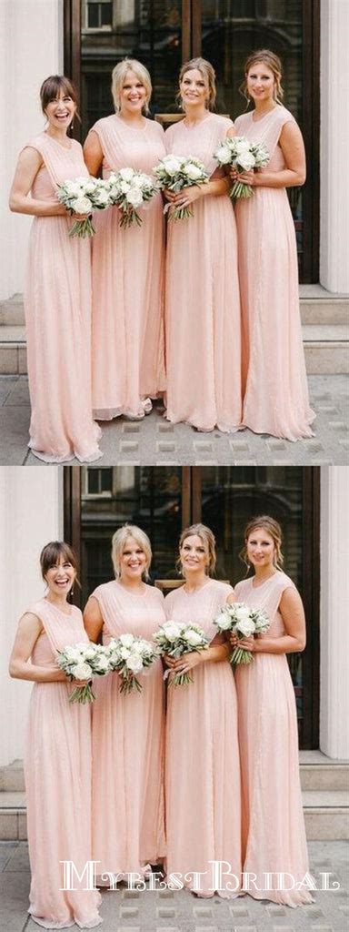 Blush Pink Cap Sleeves Scoop Neck A Line Chiffon Bridesmaid Dresses T
