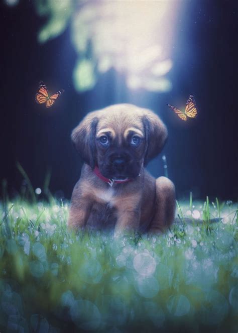Cute Dog With Butterflies Poster Etsy
