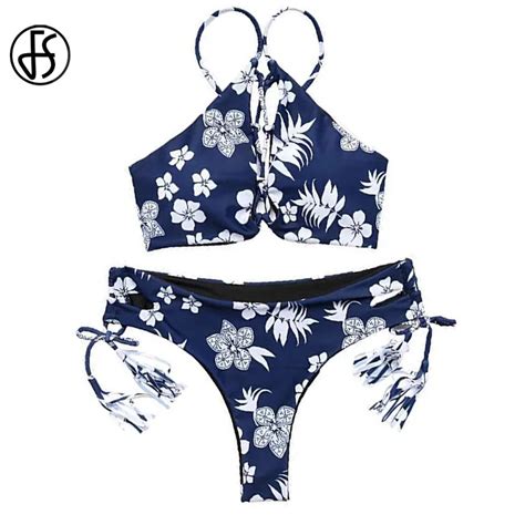 Fs Floral Print Swimwear Sexy High Neck Women Swimsuit Female Hollow Out Sling Bikinis Set