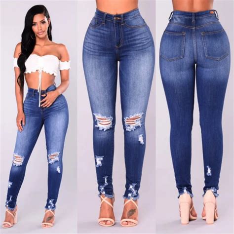2018 Ripped Fashion Jeans Women Classic High Waist Skinny Pencil Blue