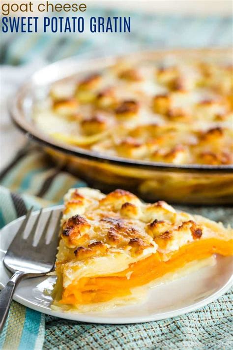 Working within the border, spread the arrange the potato slices in a single layer on top of cheese mixture and brush the potatoes with the melted butter. Goat Cheese Sweet Potato Gratin - Cupcakes & Kale Chips