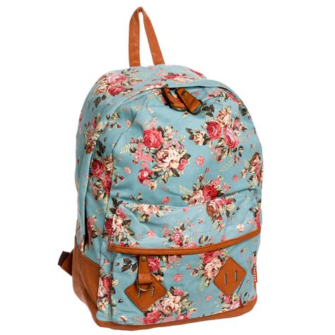 J Carrot Mint Green Flower Print Canvas Backpack Floral School Bookbag