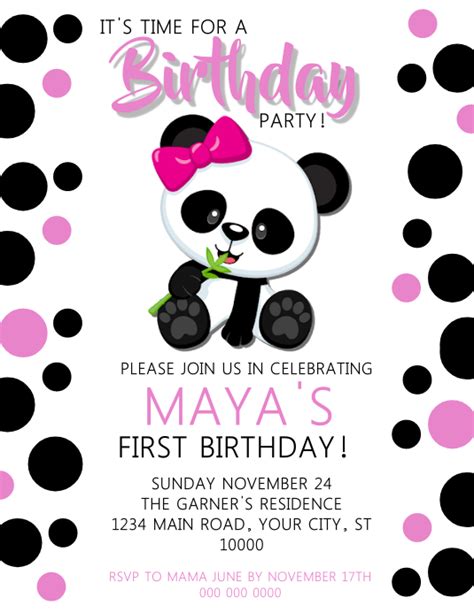 Panda Girl Birthday Invitation Template Postermywall
