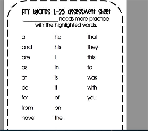 Sight Words 1 25 Assessment Sheet Words Sight Words Learning