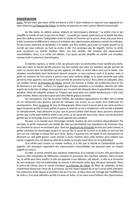 Dissertation La vérité DISSERTATION Sujet Pensez vous que toute