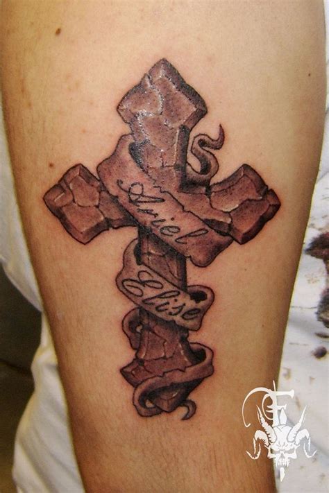 The 3d effects enhance the banner with the words risen savior scribbled on it that wraps around the top and bottom of the cross. cross tattoos | Cross With Banner By Drksoul666 On ...