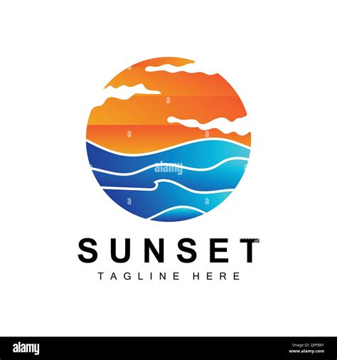 Sunset Beach Logo Design Seascape Illustration Red Day Vacation Spot