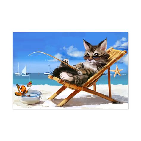 1 Panel Hd Printed Funny Animal Wall Art Fishing Cat Painting Picture