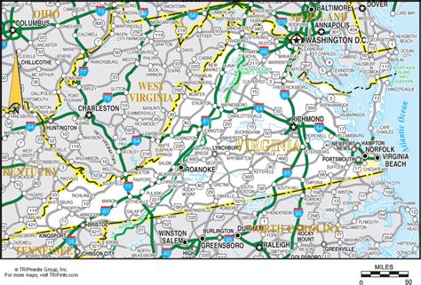 Laminated Map Large Detailed Roads And Highways Map Of Virginia State