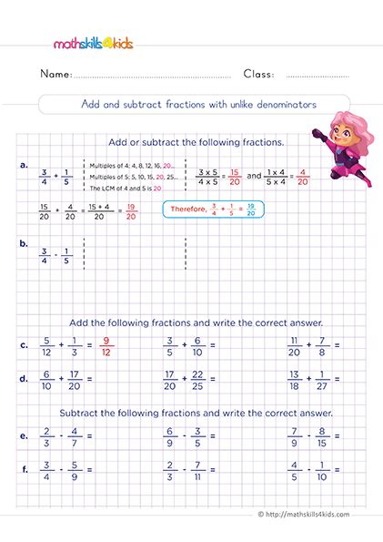 Add And Subtract Fractions With Unlike Denominators Workshee