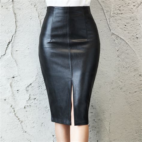 Front Split Leather Black Knee Length Pencil Slim Vintage Skirt Skirts