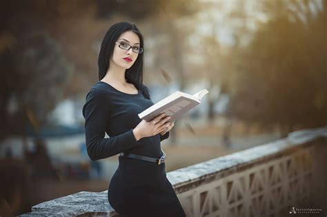 Hd Wallpaper Women Black Dress Books Women With Glasses Portrait