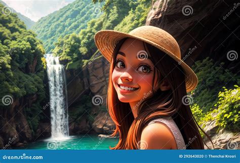 Joyful Waterfall Selfies Capturing Nature S Beauty And Happiness Stock Illustration