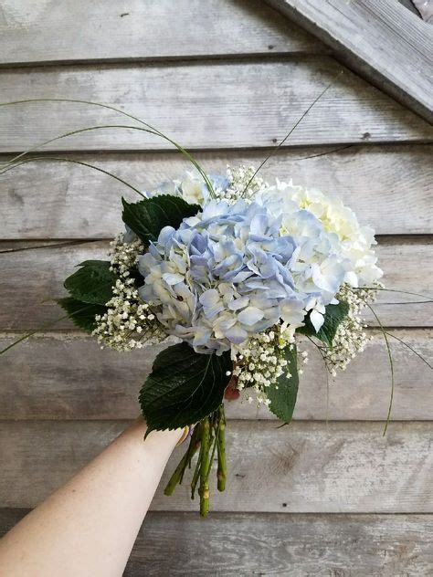 Blue Hydrangea With Babys Breath And Beach Grass Wedding Bouquet In
