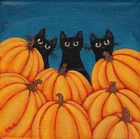 Black Cats And Pumpkins Halloween Painting Halloween Art Black Cat Art