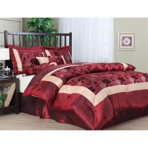 King Size Comforter Set 7 Pcs Burgundy Red Gold Bedspread Pillows