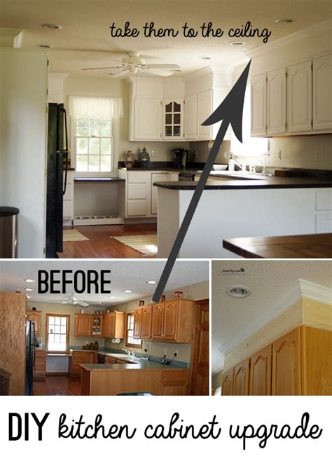 Finally, the crown is lifted up and installed level and square to the backing pieces. DIY Kitchen Cabinet Upgrade With Paint and Crown Moulding ...