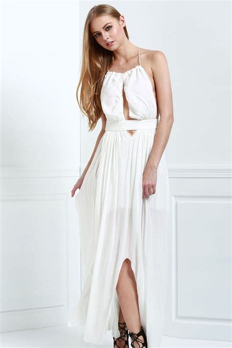 52 Off Stylish White Halter Deep V Neck Backless Womens Maxi Dress