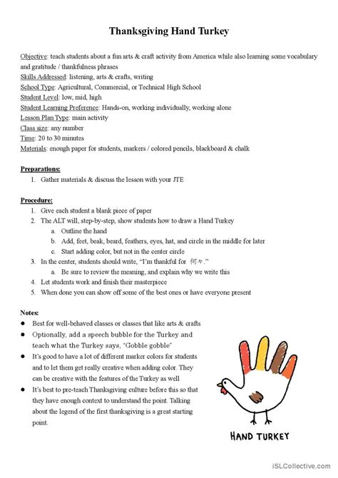 Thanksgiving Hand Turkey Lesson Plan English Esl Worksheets Pdf And Doc