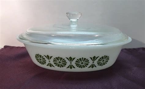 Vintage Glasbake 1 Qt Casserole Dish Wlid White And Green Oval Dish