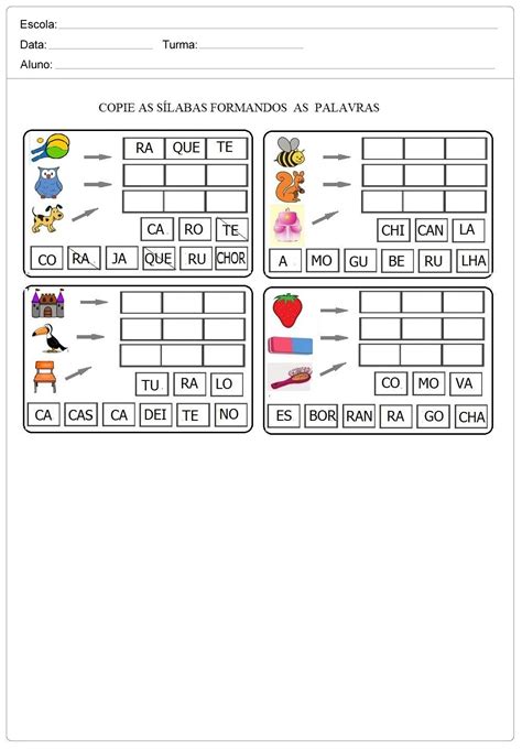 Copie as Sílabas e forme palavras Atividades de Alfabetização Imprimir