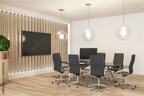 Modern Eco Style Meeting Room Interior Design With Wooden Slatted Wall