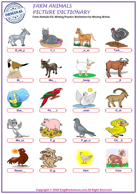Farm Animals Printable English Esl Vocabulary Worksheets Engworksheets