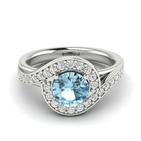 Aquamarine Diamond Halo Engagement Ring Set In White Gold Marigold
