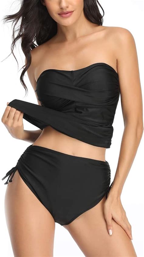 Smismivo Strapless Swimsuits For Women Bandeau High Wasited Bathing Suit Black Tankini Top