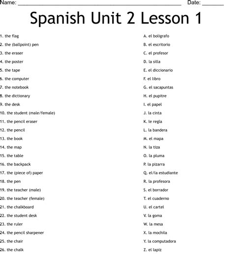 Spanish Unit 2 Lesson 1 Worksheet Wordmint