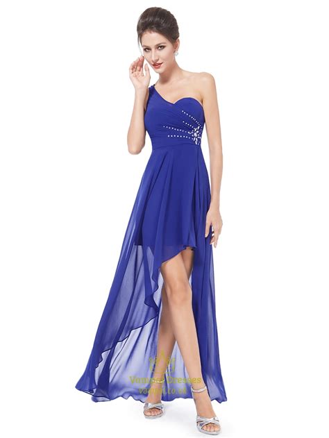 Royal Blue One Shoulder High Low Bridesmaid Dress With Beaded Detail