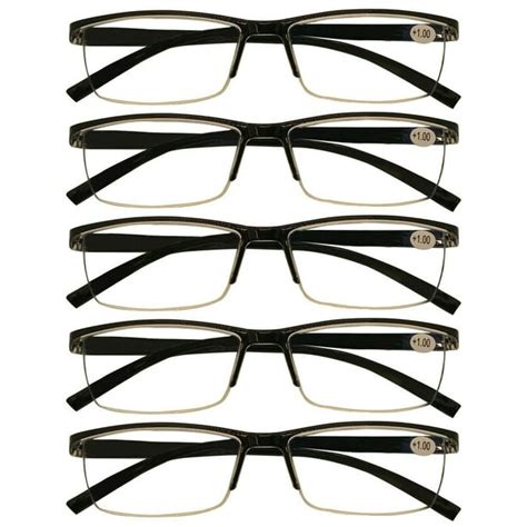 5 packs mens rectangle half frame reading glasses blue light blocking black spring hinge readers